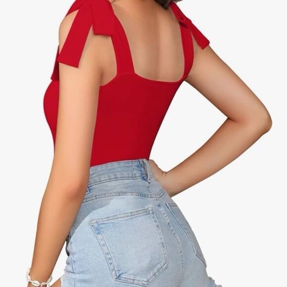 Mango Red square neckline adjustable Tie ShoulderBodysuit - Picture 1 of 7